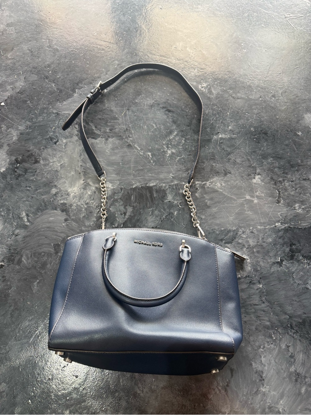 Michael Kors Navy Blue Leather Satchel with Chain Strap